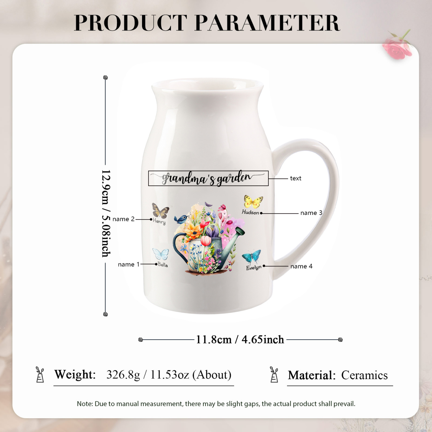 Vase à Fleurs 4 Prénoms Personnalisés avec 1 Texte Décoration de la Maison