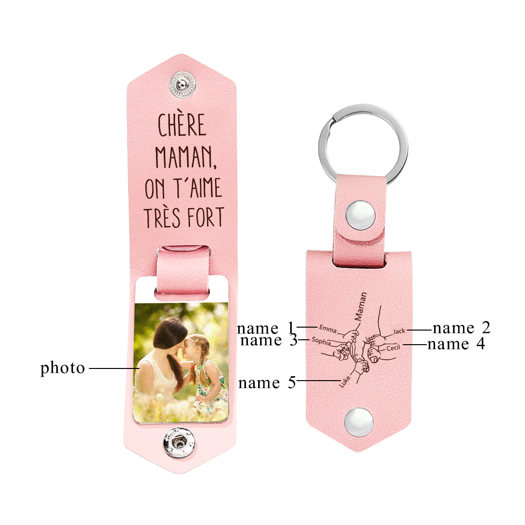À ma Maman - Porte-Clés Cuir la Main dans la Main 5 Prénoms Personnalisés avec Photo | Jessemade