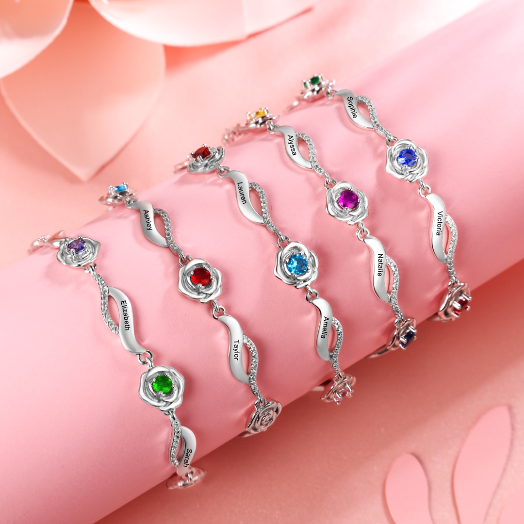 Bracelet Roses 1 Prénom Personnalisé avec 1 Pierre de Naissance