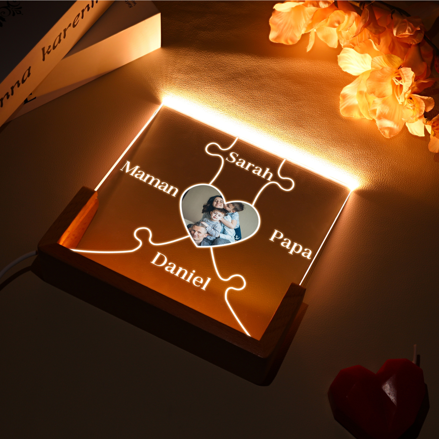 Lampe de chevet LED Puzzles 4 Prénoms Personnalisés avec Photo pour Famille