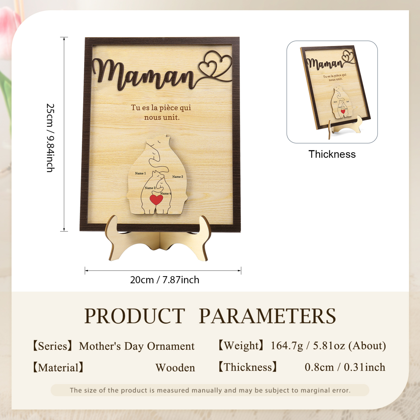 À ma Maman - Décoration en bois Ours 4 Prénoms Personnalisés Ornement pour Famille