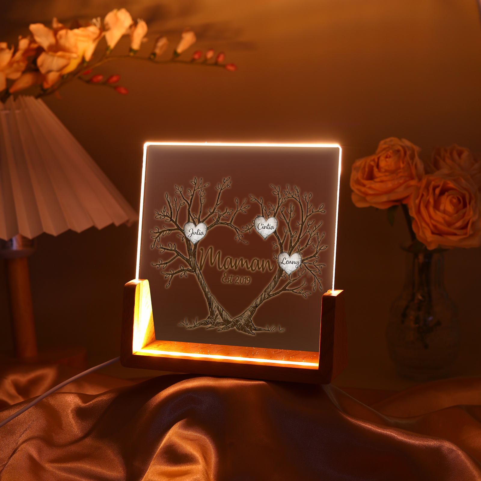 À Maman/Mamie - Lampe de chevet LED Arbre de Vie 3 Prénoms Personnalisés avec Texte et Date pour Famille