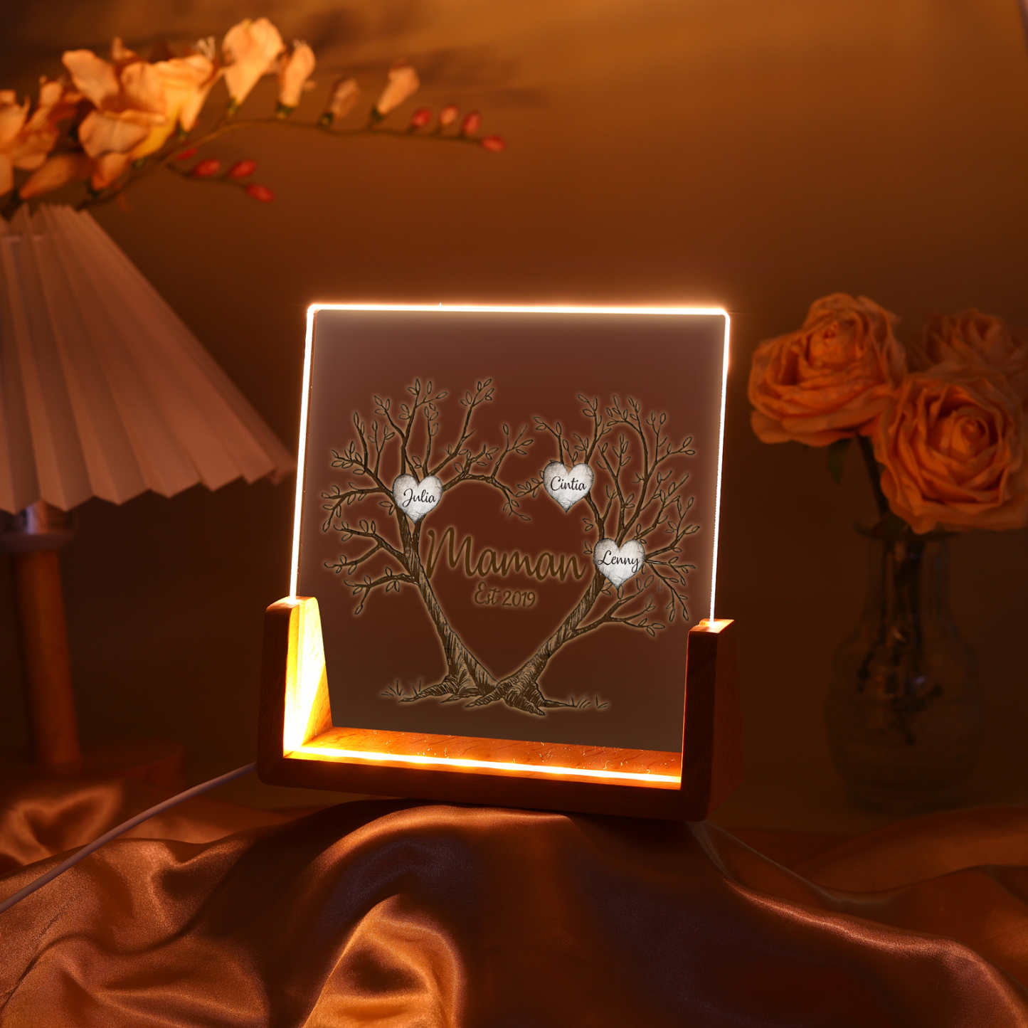 À Maman/Mamie - Lampe de chevet LED Arbre de Vie 3 Prénoms Personnalisés avec Texte et Date pour Famille