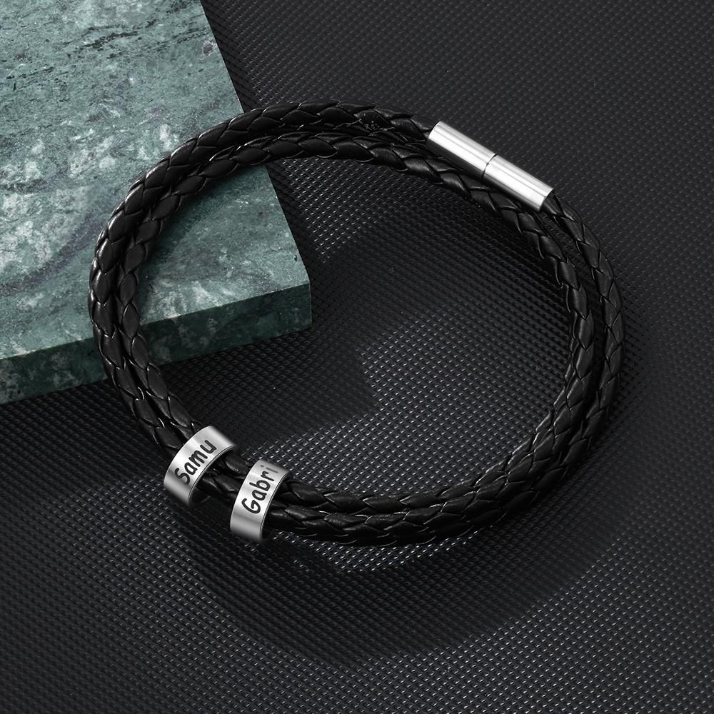 Bracelet Cuir tressé Prénom Personnalisé Bracelet Homme Avec 2 Perles