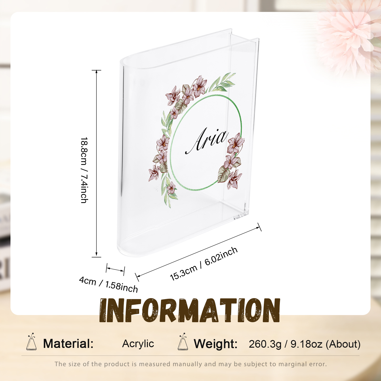 Vase Livre Acrylique Personnalisé Fleurs du mois et Nom