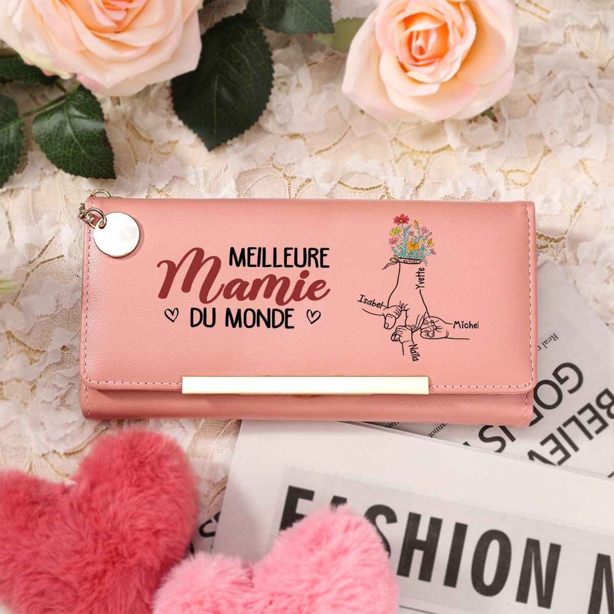 Portefeuille Femme Personnalisé avec motif floral « la main dans la main » – Meilleure maman/mamie du monde