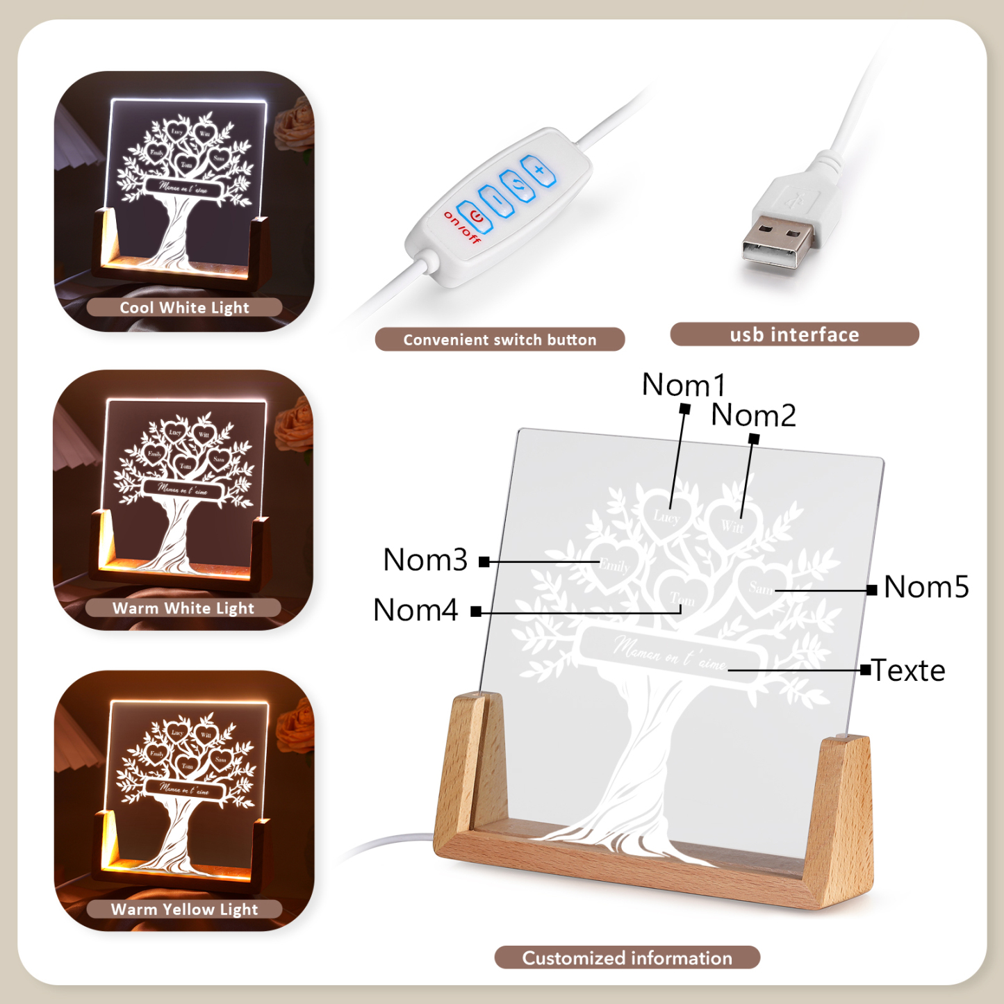 À Maman/Mamie - Lampe de chevet LED Arbre de Vie 5 Prénoms Personnalisés avec Texte pour Famille