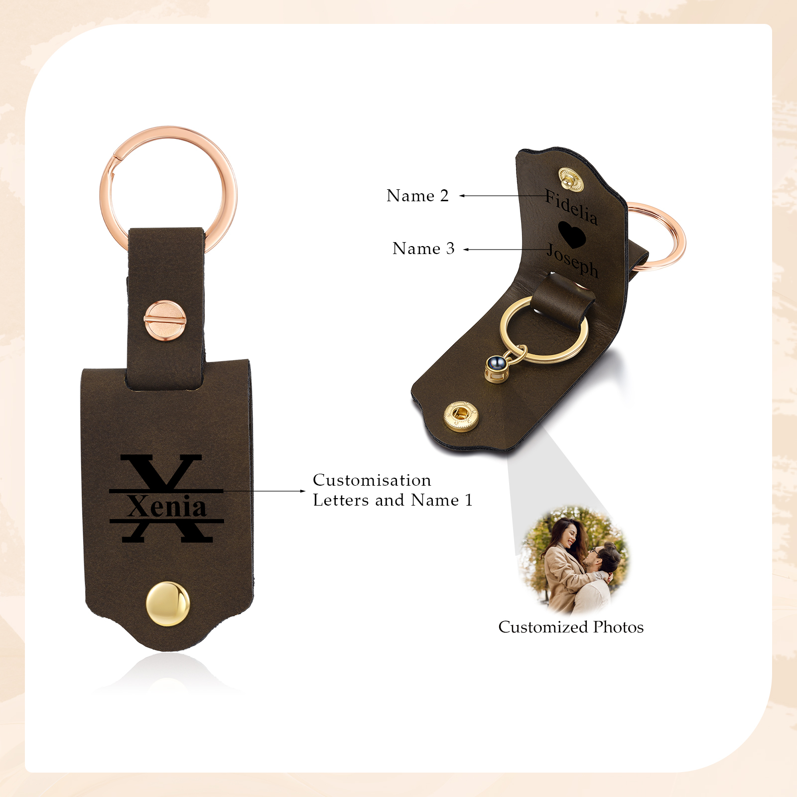 Porte-Clés Cuir 3 Prénoms et 1 Photo Personnalisés Avec Lettre Porte-Clés Projection de Pierre pour Couple