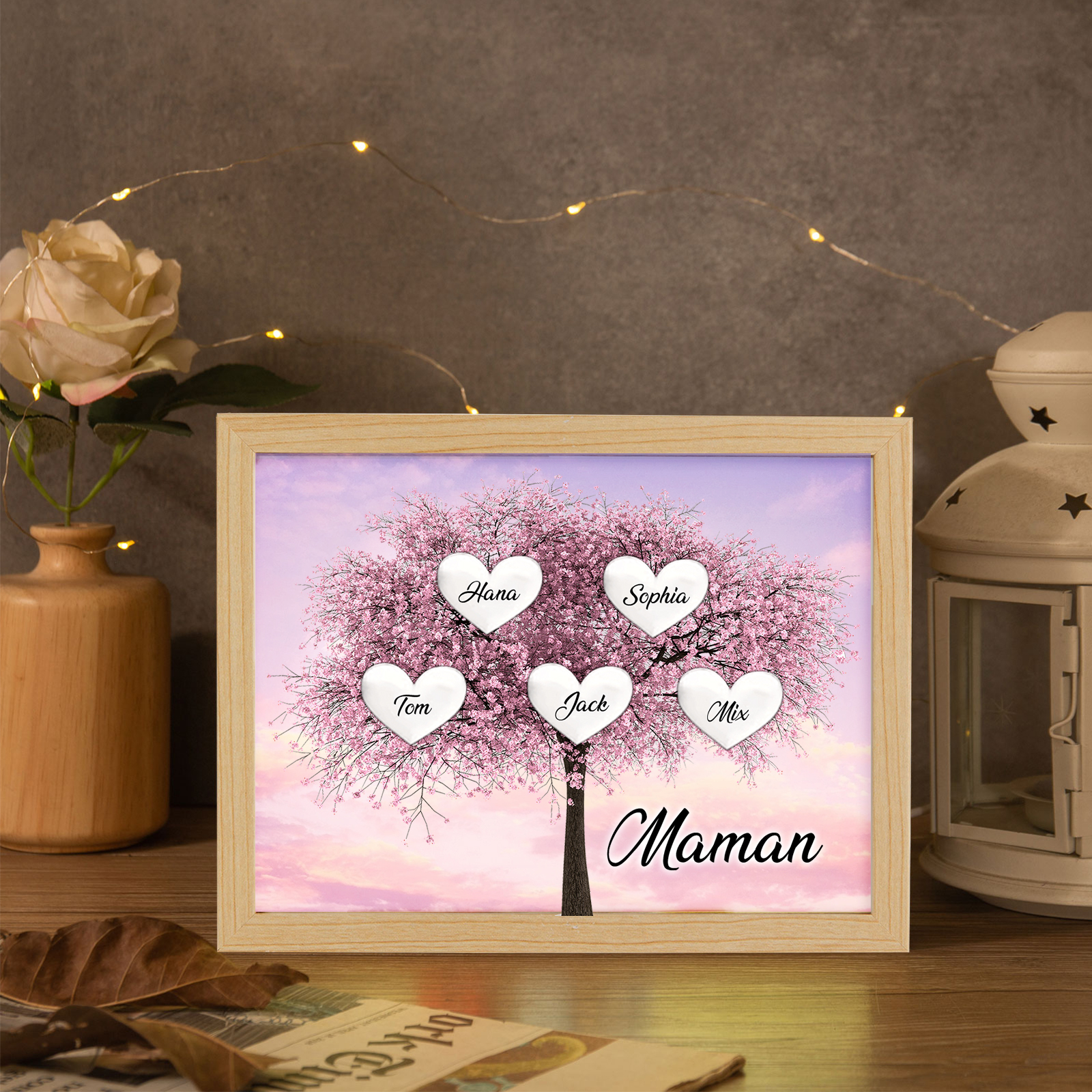 Cadre Photo LED Arbre de Vie 5 Prénoms et 1 Texte Personnalisé Décoration Famille