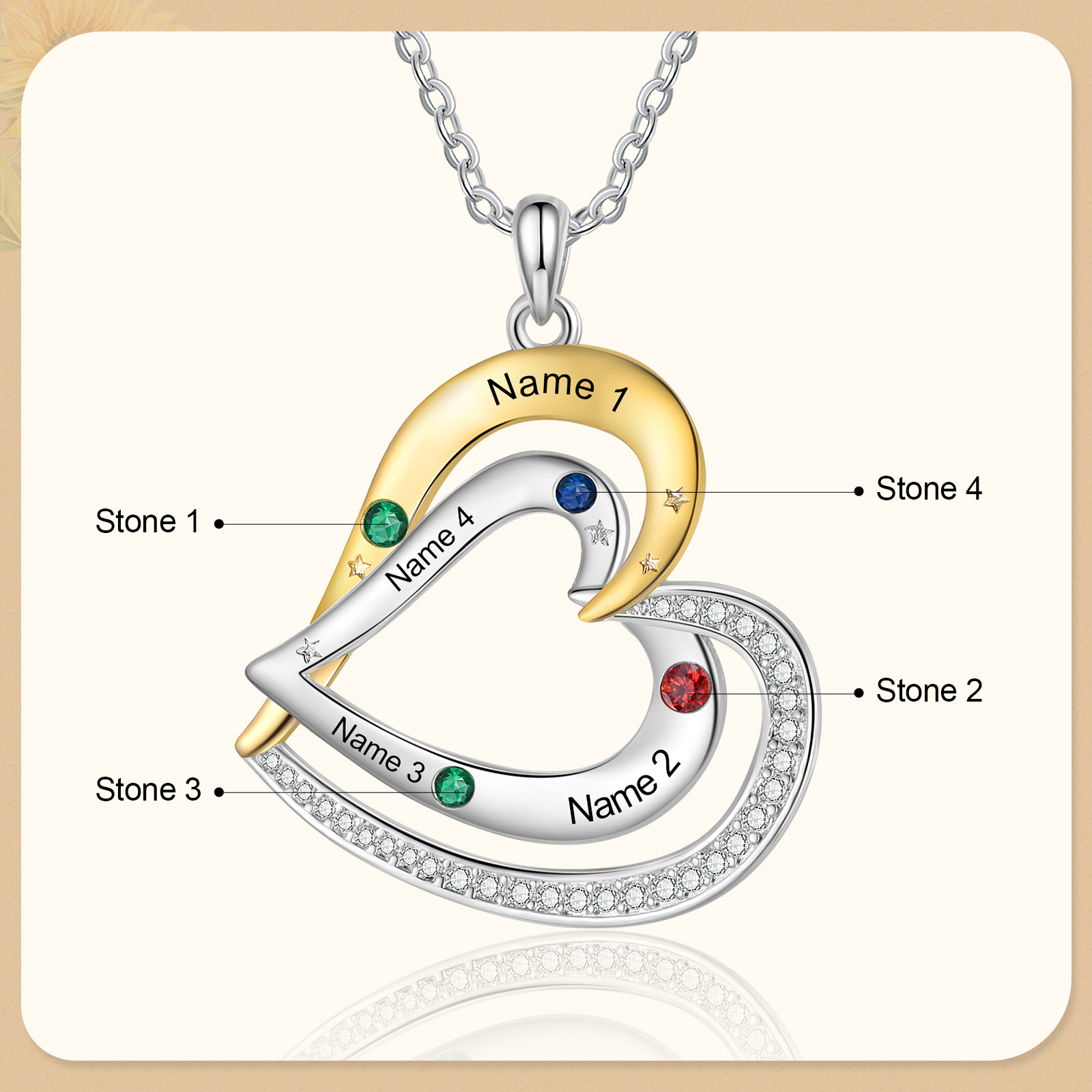Collier Pendentif Cœur 4 Prénoms Personnalisés avec Pierre de Naissance Collier Femmes