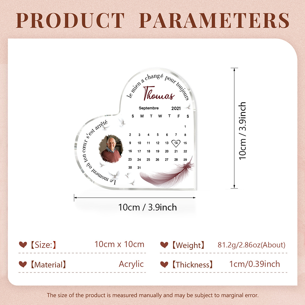 Plaque Acrylique en Forme de Cœur Commémorative 1 Prénom et Date Personnalisés avec Photo
