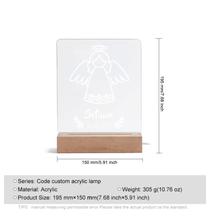 Baptême Lampe de Chevet LED Ange 1 Prénom Personnalisé avec Date