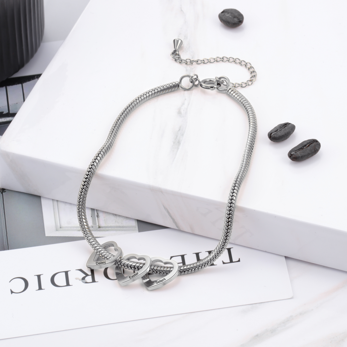 Bracelet Cheville Réglable Prénom Personnalisés Pour Femmes Avec 6 Pendentif Coeur