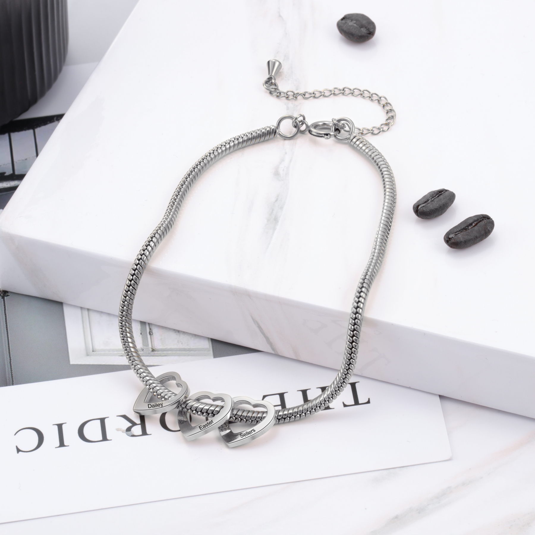 Bracelet Cheville Réglable Prénom Personnalisés Pour Femmes Avec 6 Pendentif Coeur