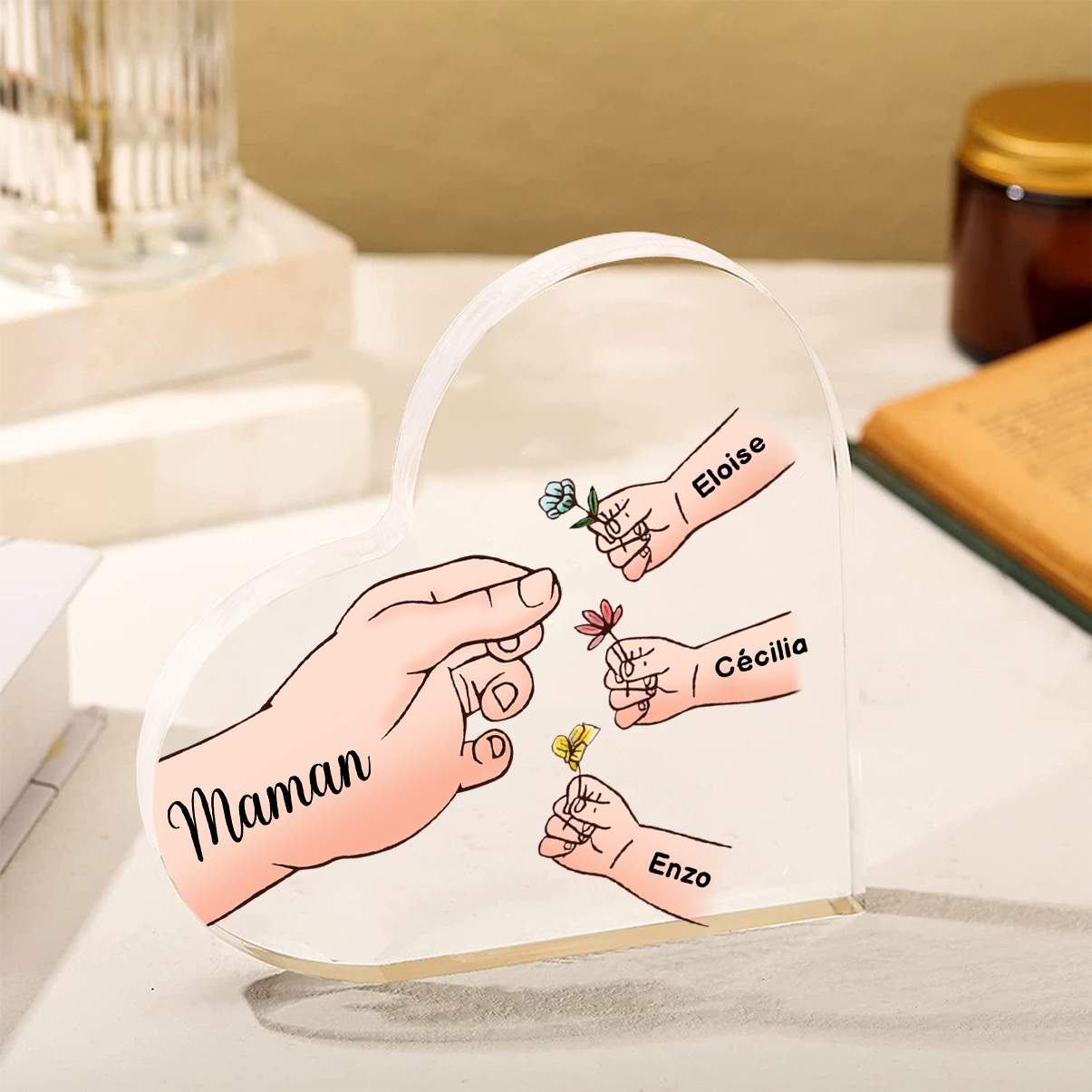 À ma Maman/Mamie - Plaque Acrylique en forme de Cœur Mains et Enfants 1-8 Prénoms Personnalisés