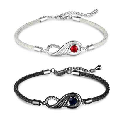 2PCS Bracelet Infini 2 Prénoms Personnalisés avec Pierre de naissance pour Couple Cadeau Saint-Valentin