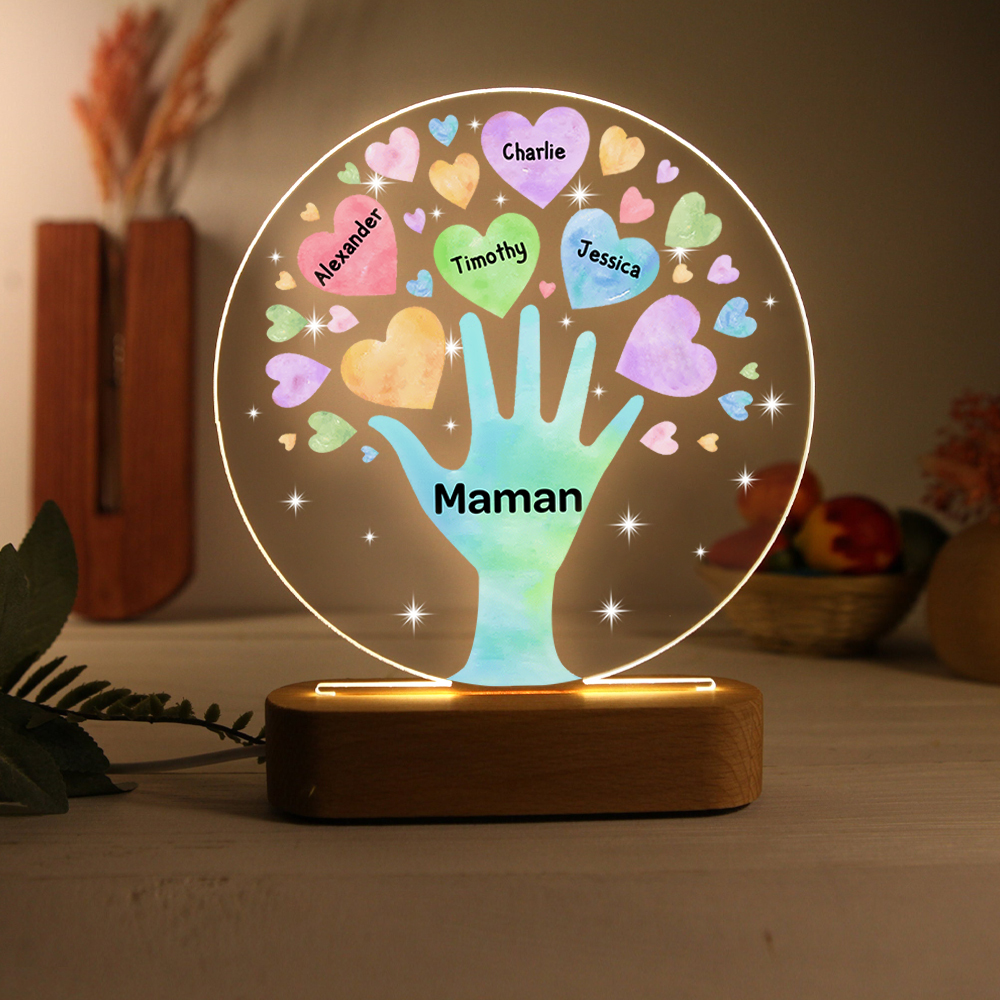 À Maman/Mamie - Lampe de chevet LED Lumières Cœur 4 Prénoms Personnalisés avec 1 Texte pour Famille
