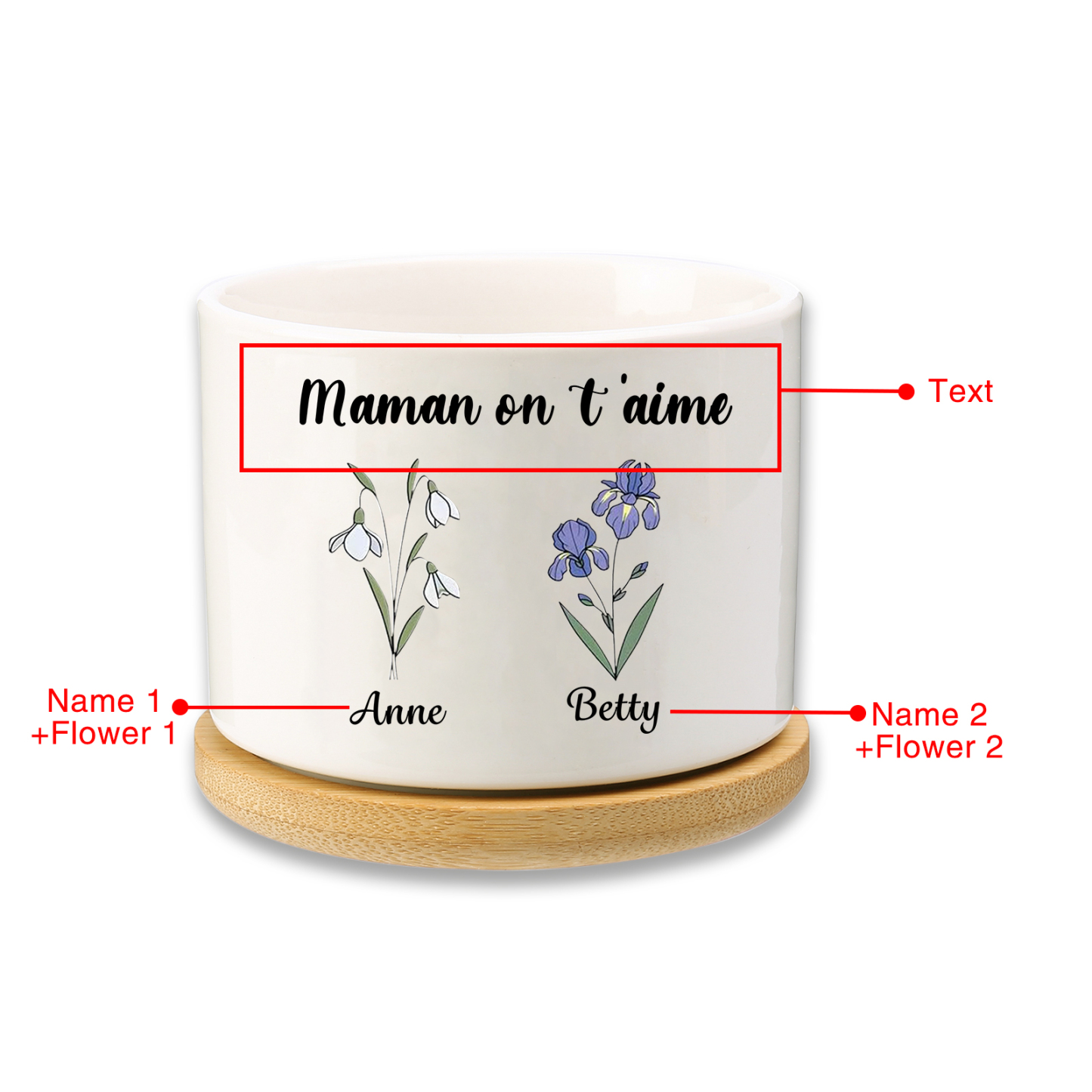 Vase/Pot de Fleurs 2 Prénoms et 1 Texte Personnalisés avec Fleur de Naissance Décoration de la Maison (sans plantes)