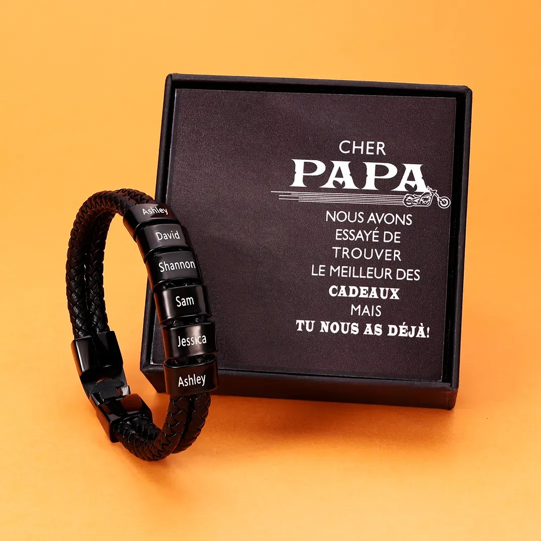 À mon Papa - Bracelet Personnalisé Homme Bracelet Cuir tressé 1-8 Perles et Prénoms Personnalisé | Cadeau Fête des Pères | Jessemade