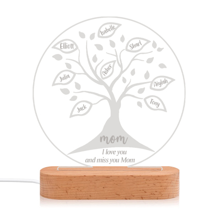 Lampe de chevet LED Arbre de vie Arbre généalogique 8 prénoms personnalisés avec 2 textes