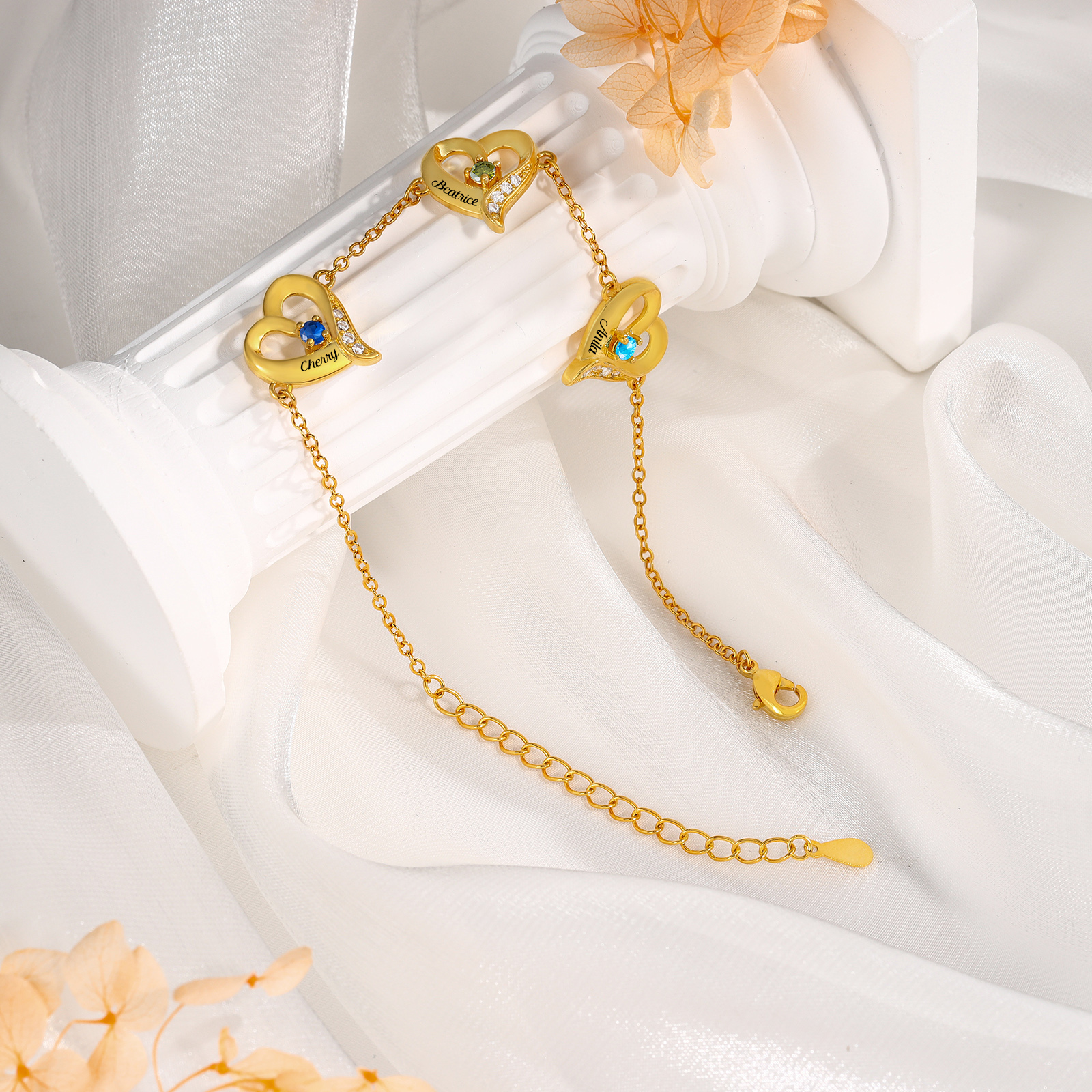 Bracelet Cœur 1-7 Préoms Personnalisés avec Pierres de Naissance pour Femme