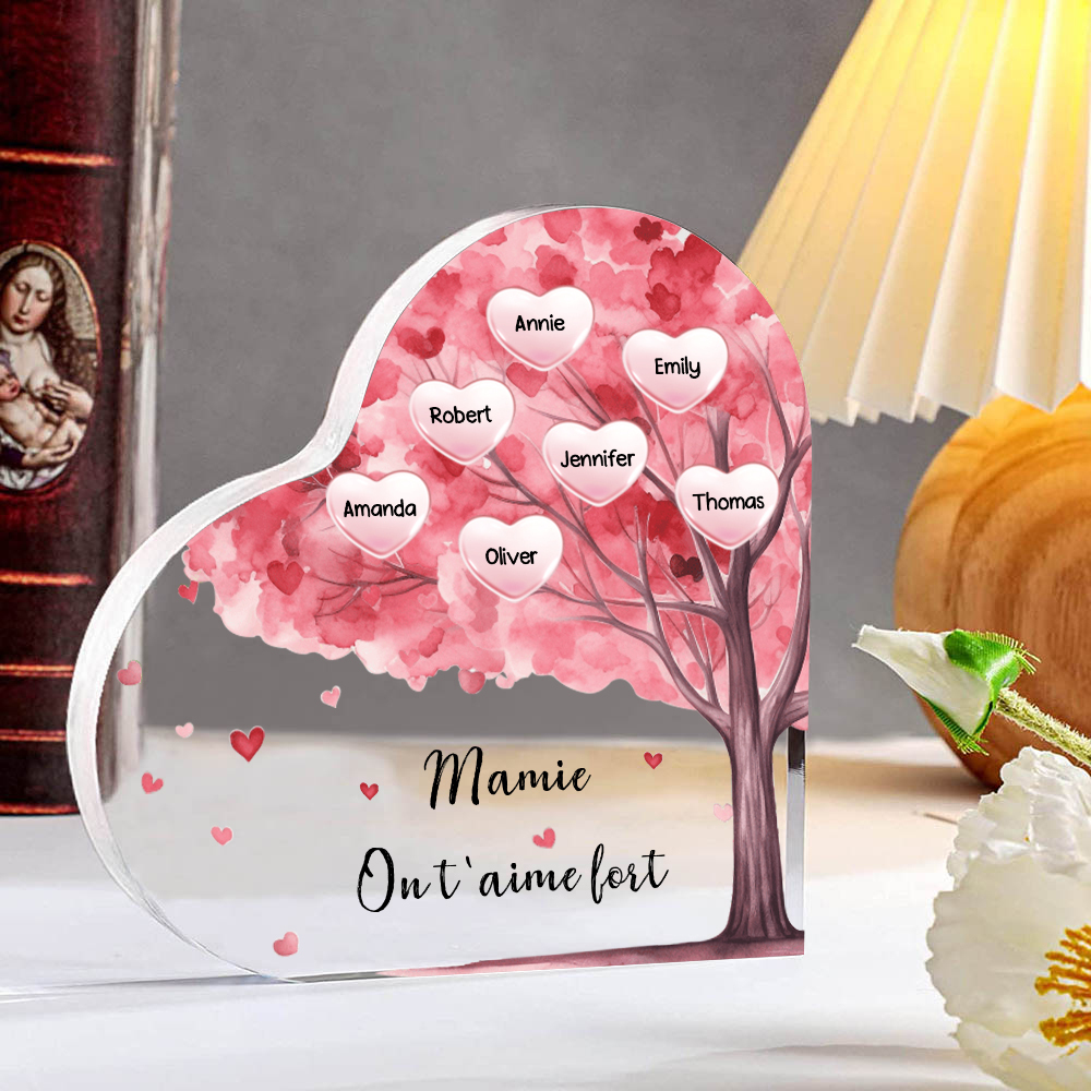 À ma Maman/Mamie - Plaque Acrylique Arbre en Forme de Cœur 7 Prénoms Personnalisés avec 1 Texte