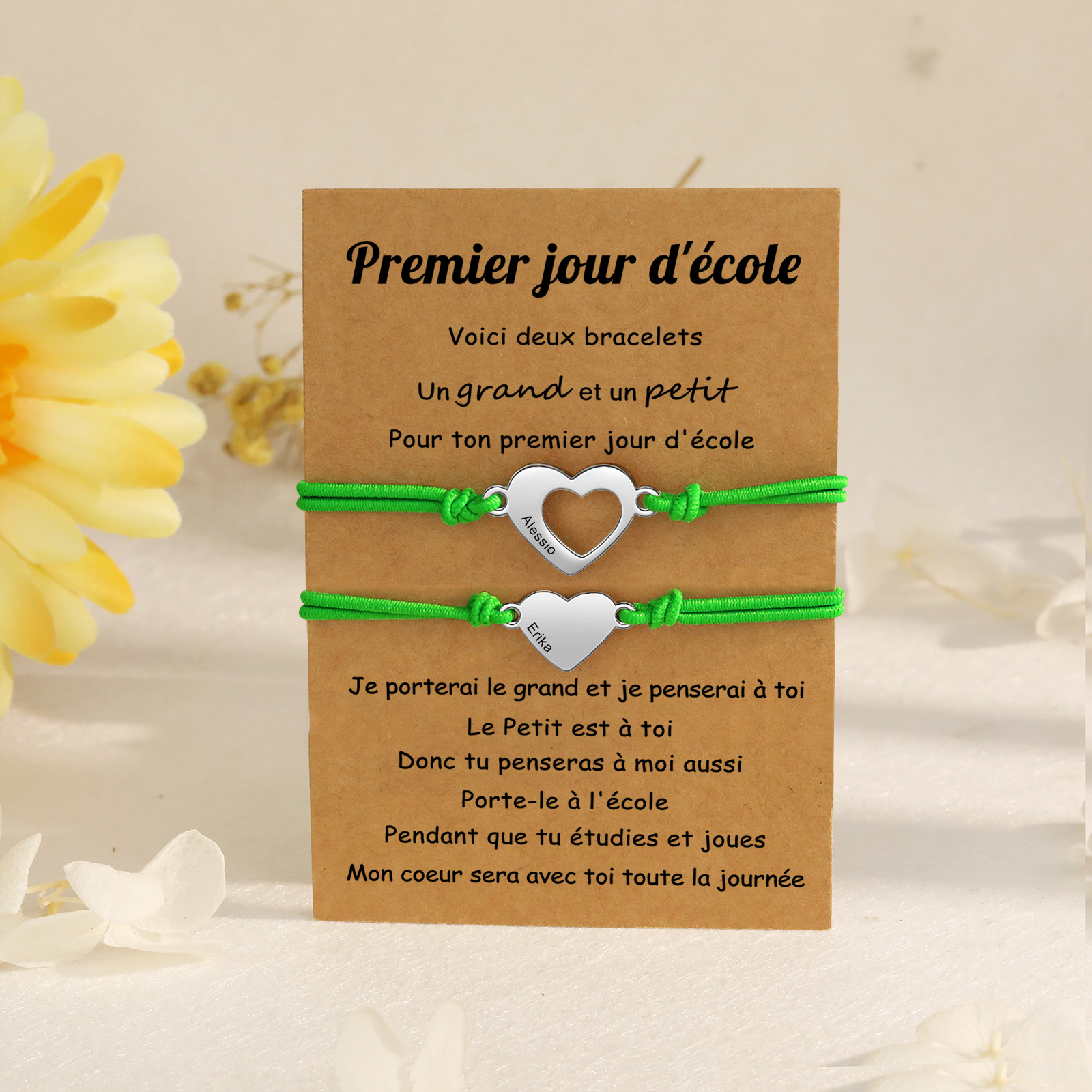 2PCS Bracelet en Commun Cœur 2 Prénoms Personnalisés Corde élastiques - Cadeau Rentrée Scolaire Premier jour d’école｜Jessemade