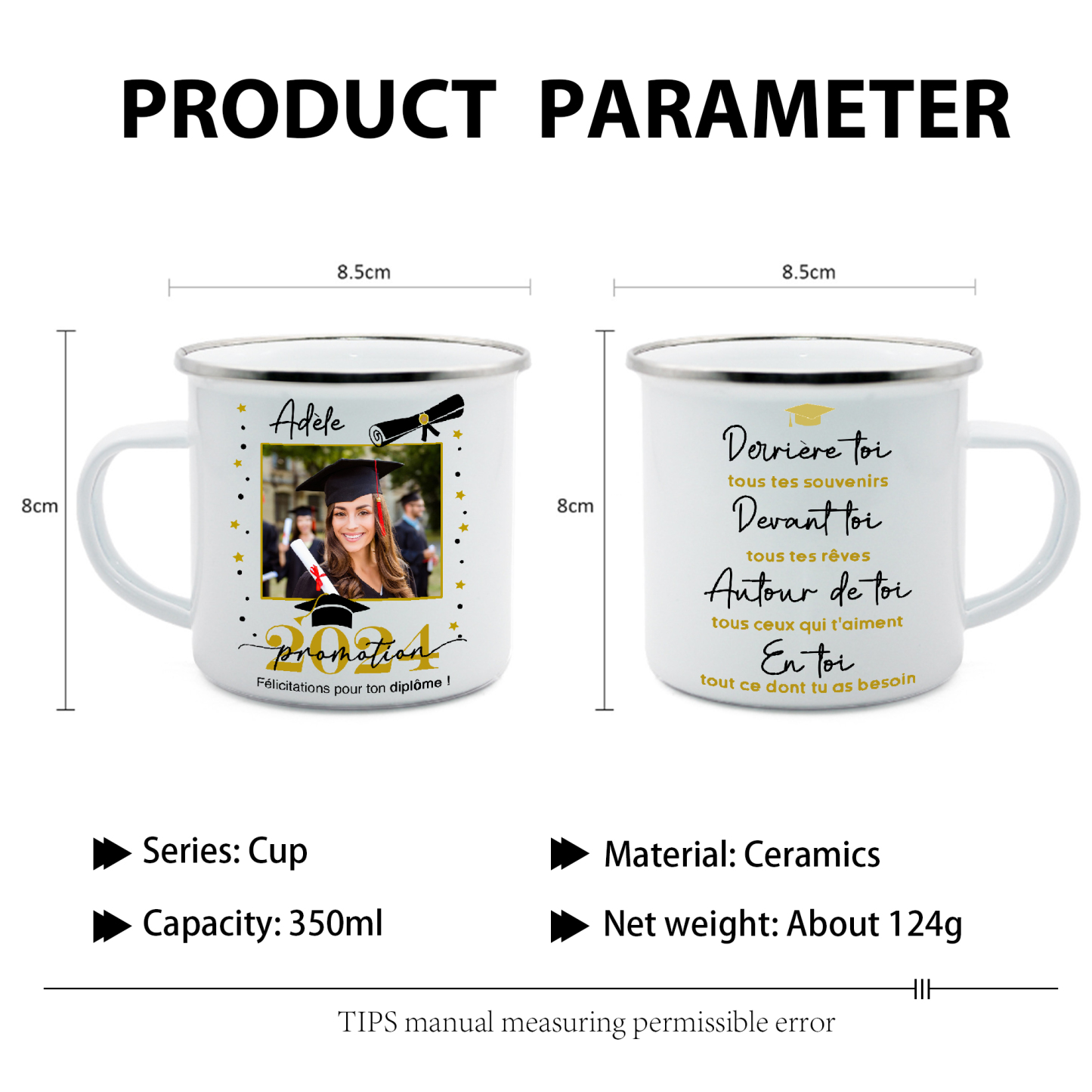 Tasse émaillée Diplômé 1 Prénom et Photo Personnalisés avec Année Cadeau de remise des diplômes