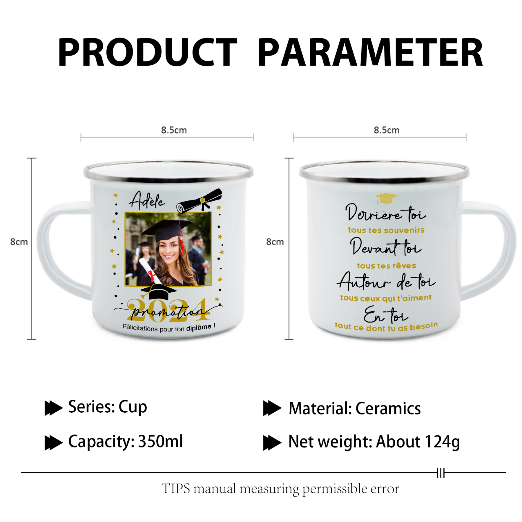 Tasse émaillée Diplômé 1 Prénom et Photo Personnalisés avec Année Cadeau de remise des diplômes