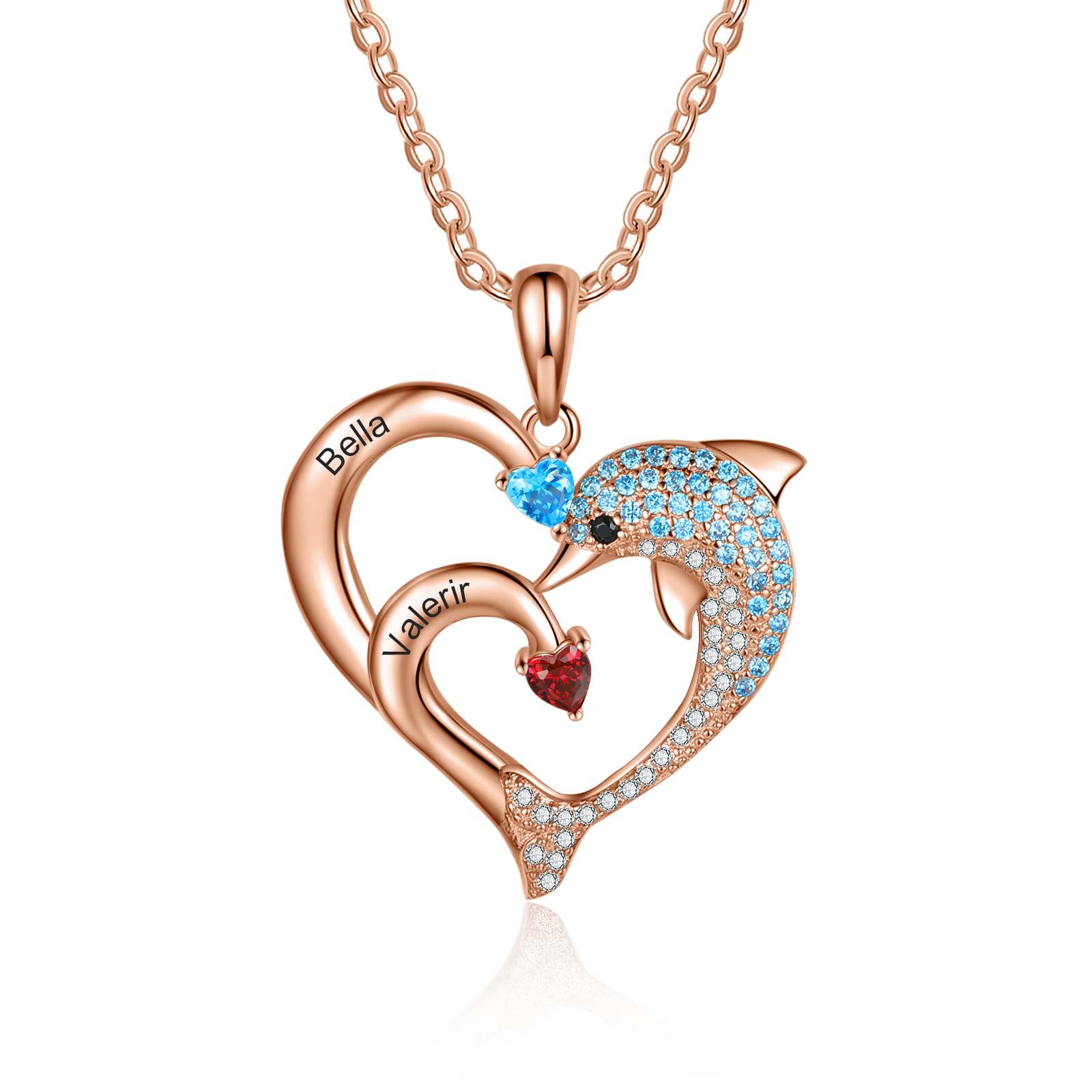 Collier coeur et dauphin 2 Prénoms Personnalisés avec 2 Pierre de Naissance