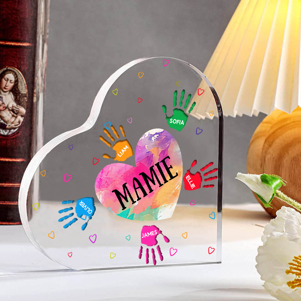 À ma Maman/Mamie - Plaque Acrylique Mains et Enfants en Forme de Cœur 6 Prénoms Personnalisés