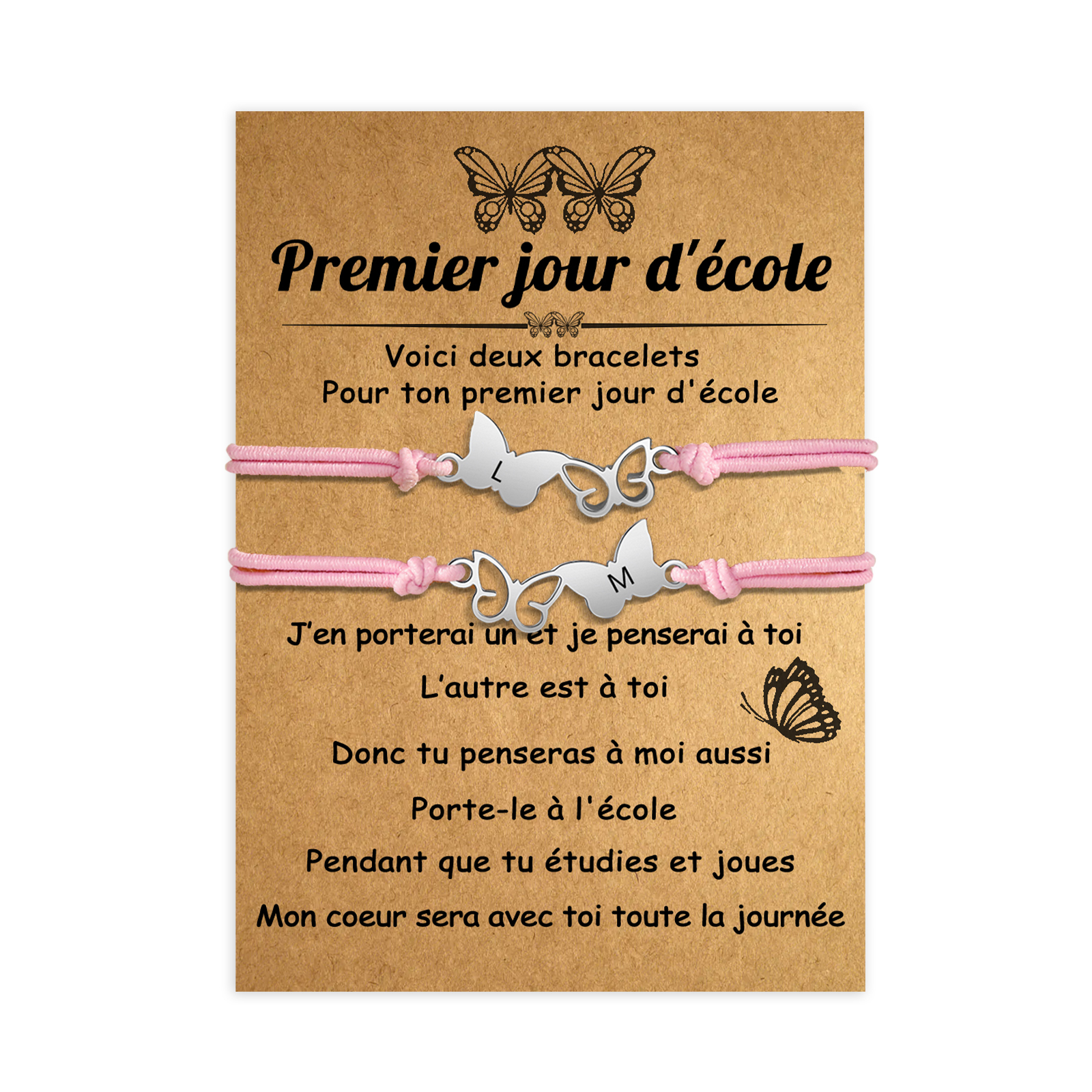 2PCS Bracelet Initiale Papillons 2 Lettres Personnalisées Corde élastiques Cadeau Rentrée Scolaire Premier jour d’école｜Jessemade