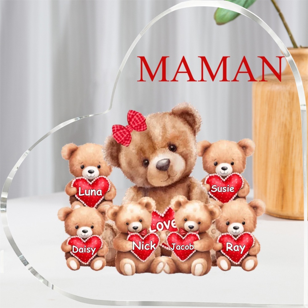 À ma Maman/Mamie - Plaque Acrylique en forme de Cœur Ours 1-8 Prénoms Personnalisés