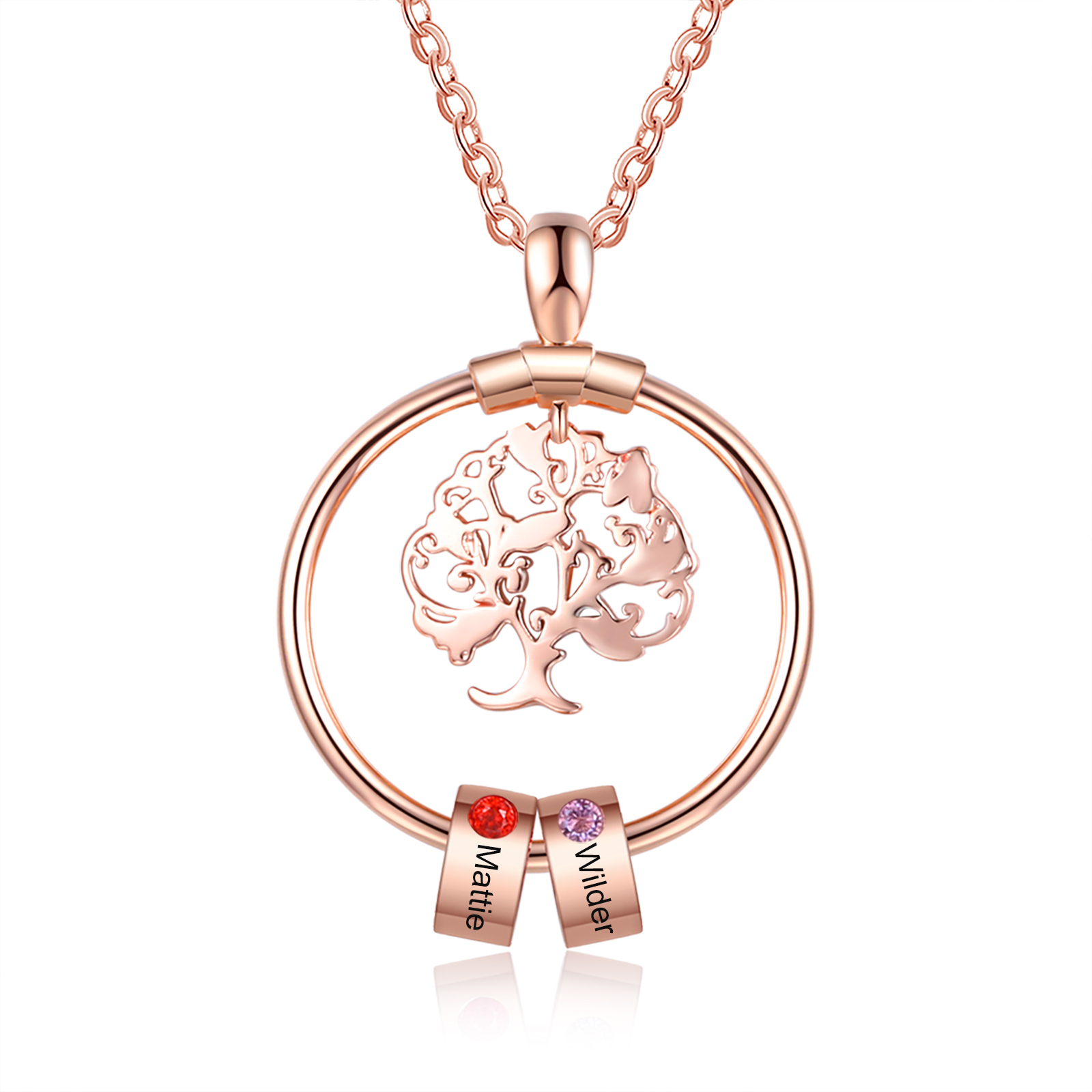 Collier Pendentif Arbre de vie Arbre généalogique 2 Prénoms Personnalisés avec Pierre de Naissance