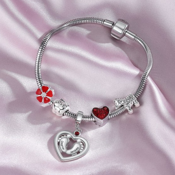 Charm 2 Prénom Personnalisé Pendentif En forme de Cœur pied bebe avec 1 Pierre de Naissance pour Bracelet