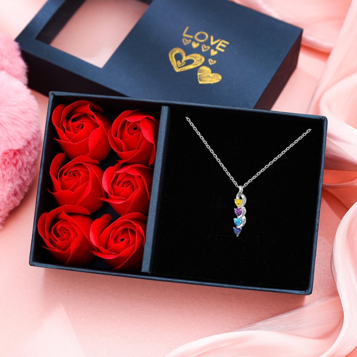 Collier DNA Cœur 4 Prénoms Personnalisés avec Pierres de naissance pour Femme