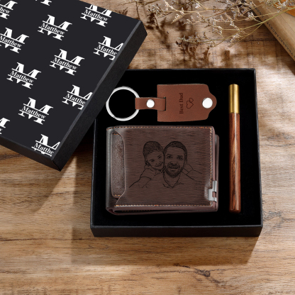 Coffret Cadeau 3PCS - Portefeuille classique Porte-Clés et Stylo 1 Prénom et Lettre Personnalisés avec 2 Photos et 3 Textes pour Homme