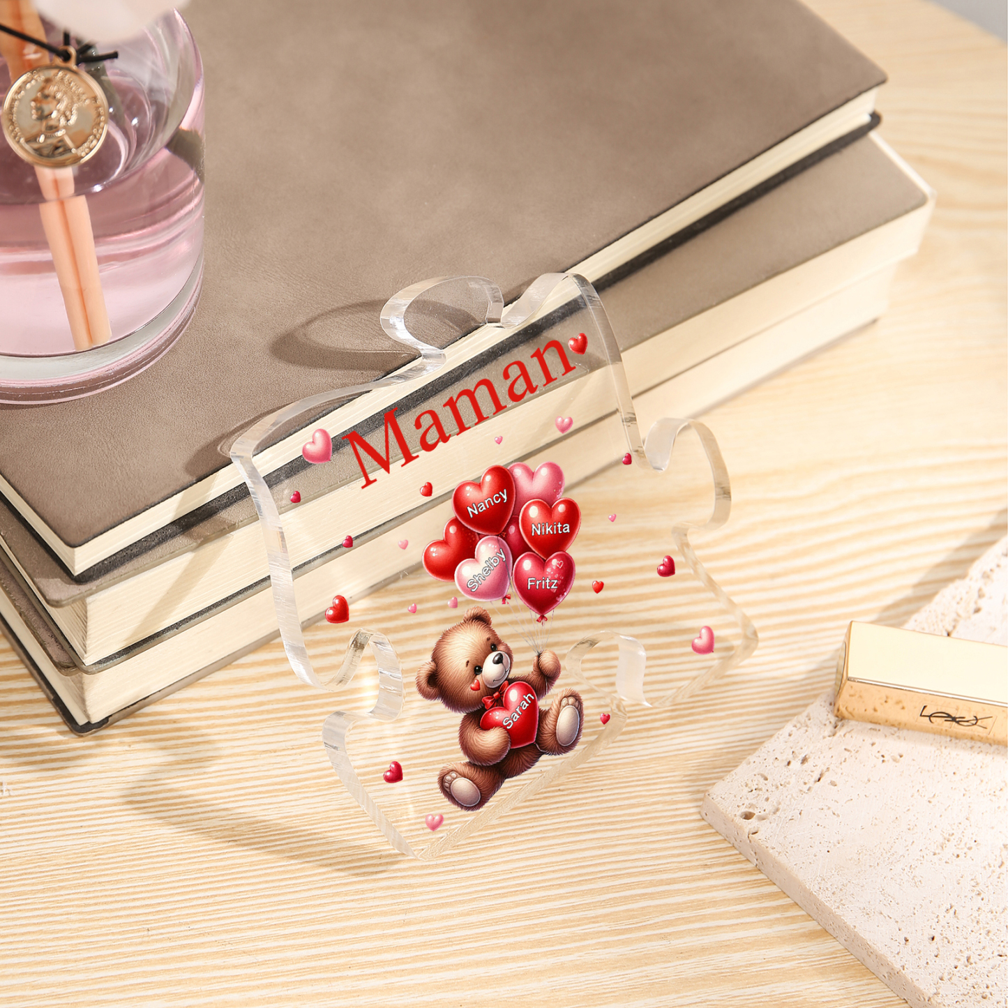 Plaque Acrylique en forme de Puzzle Ours 5 Prénoms et 1 Texte Personnalisés