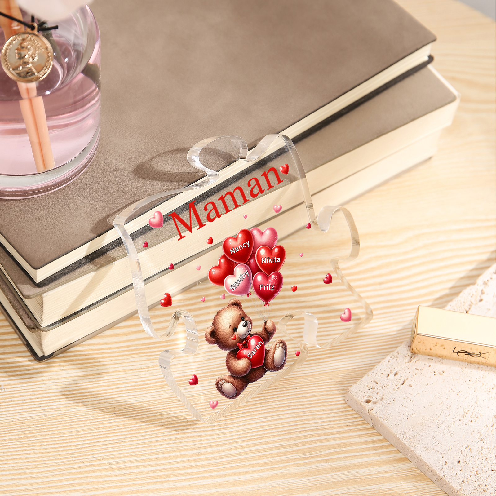 Plaque Acrylique en forme de Puzzle Ours 5 Prénoms et 1 Texte Personnalisés