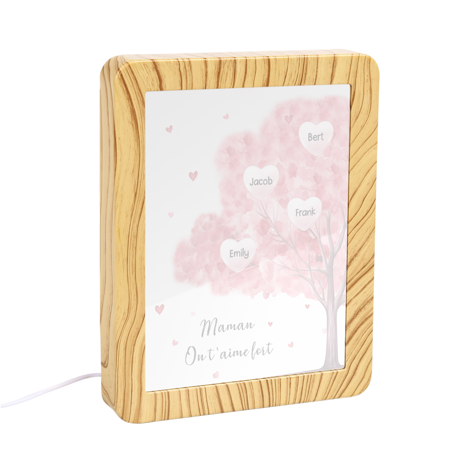 Cadre Photo/Miroir LED Multifonctionnel Arbre 4 Prénoms Personnalisés avec Texte pour Famille