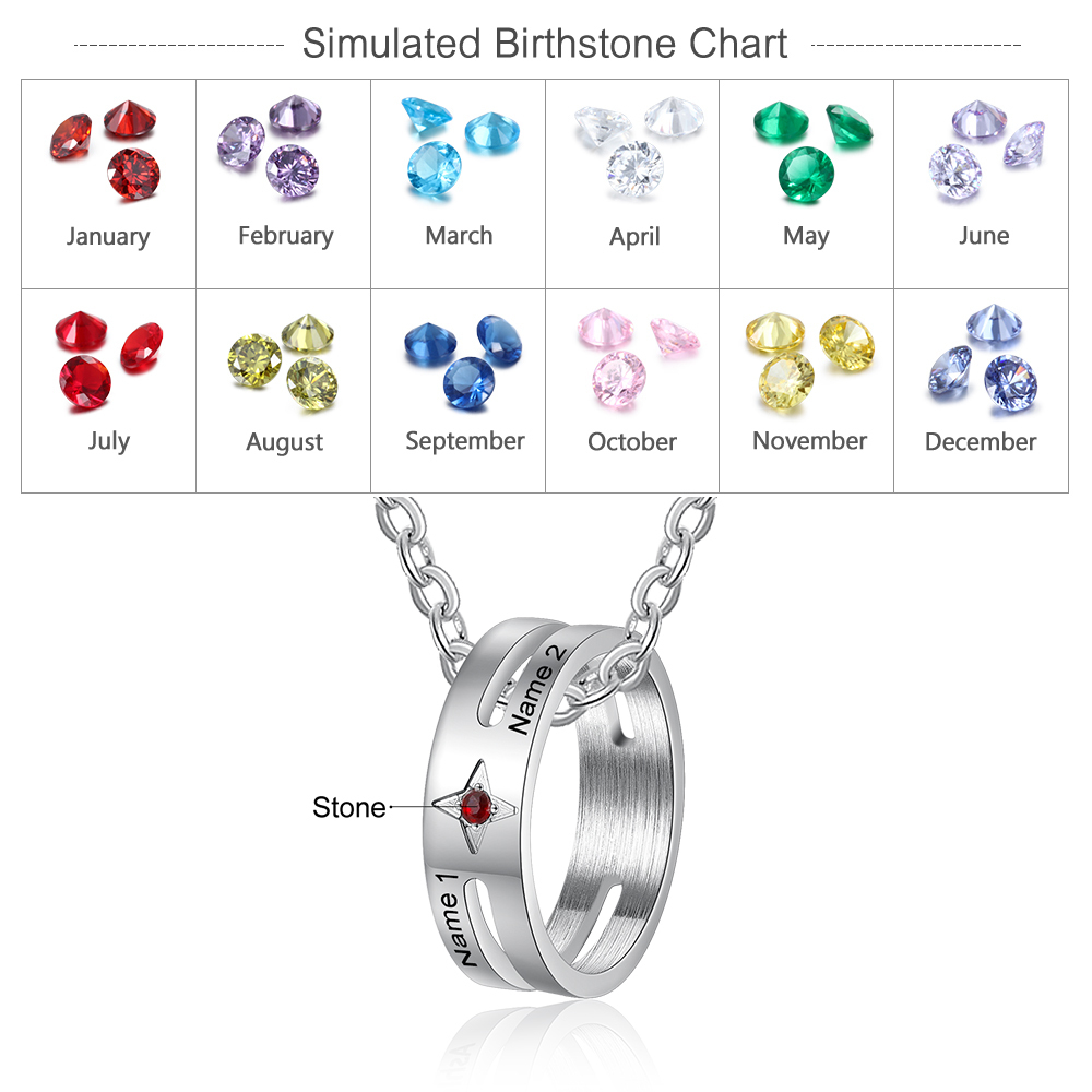 Collier Pendentif Bague 2 Prénoms Personnalisés avec 1 pierre de naissance pour Femmes