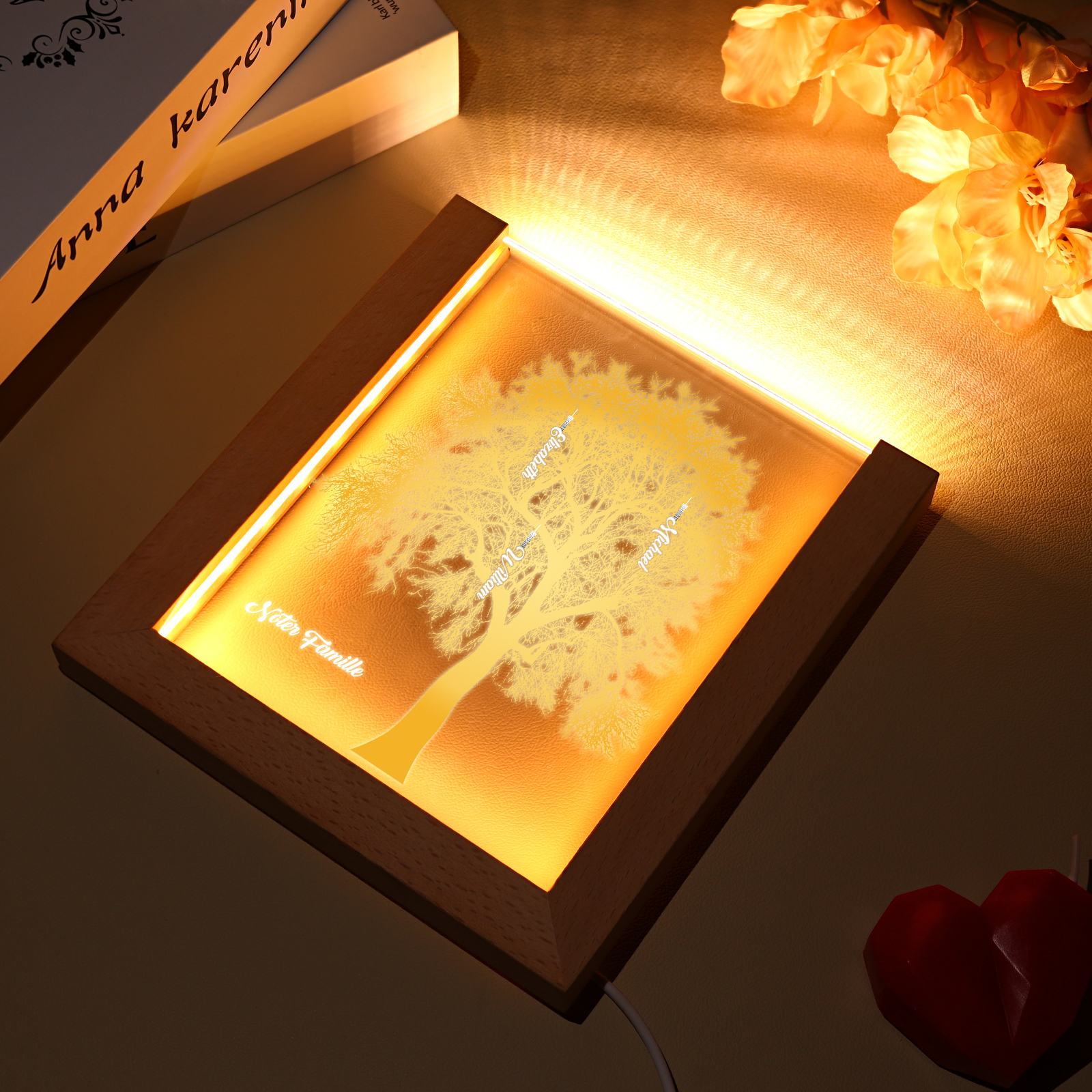 À Maman/Mamie - Lampe de chevet LED Arbre 3 Prénoms Personnalisés avec 1 Texte
