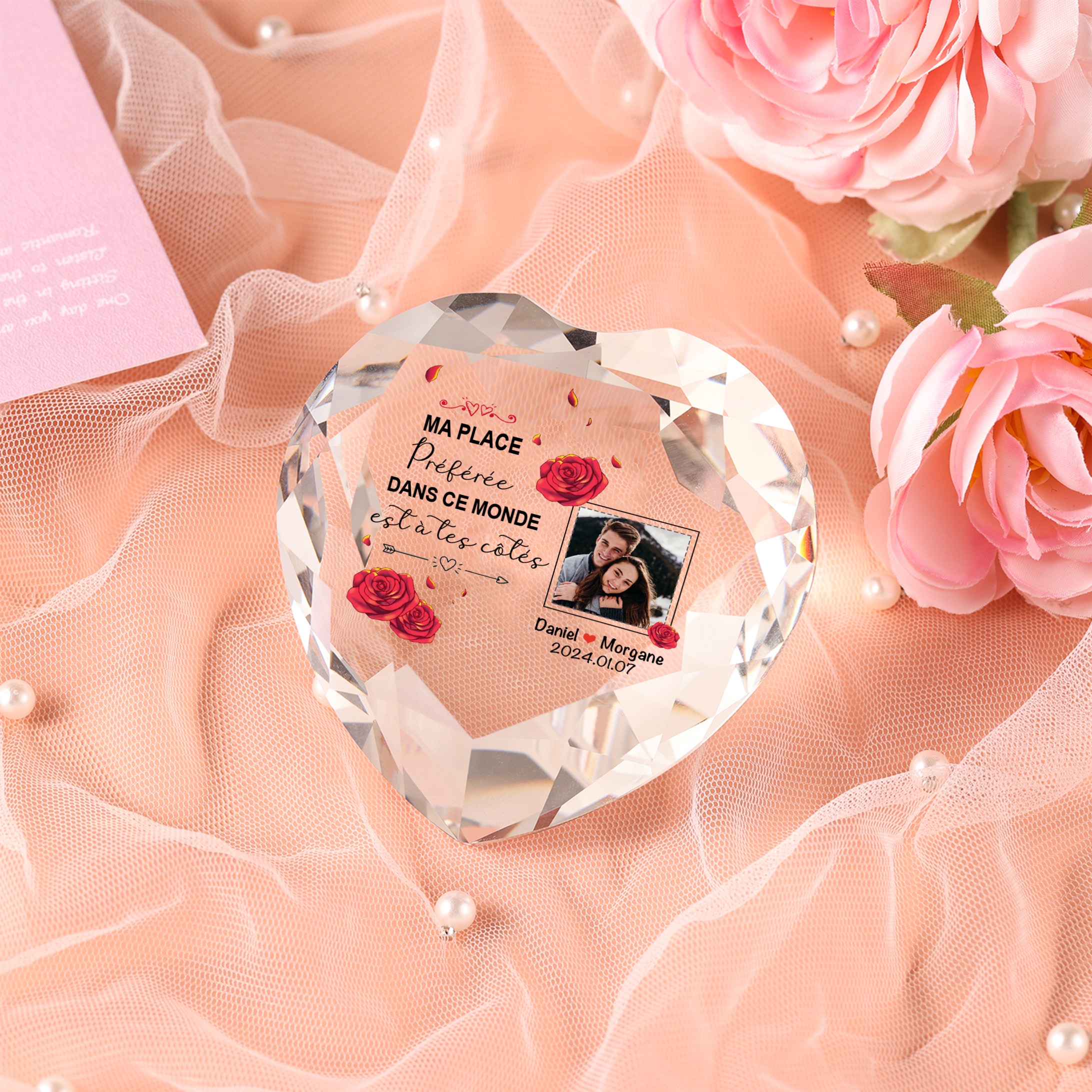 Décoration Cristal Cœur 2 Prénoms et 1 Photo Personnalisés avec Date pour Couple