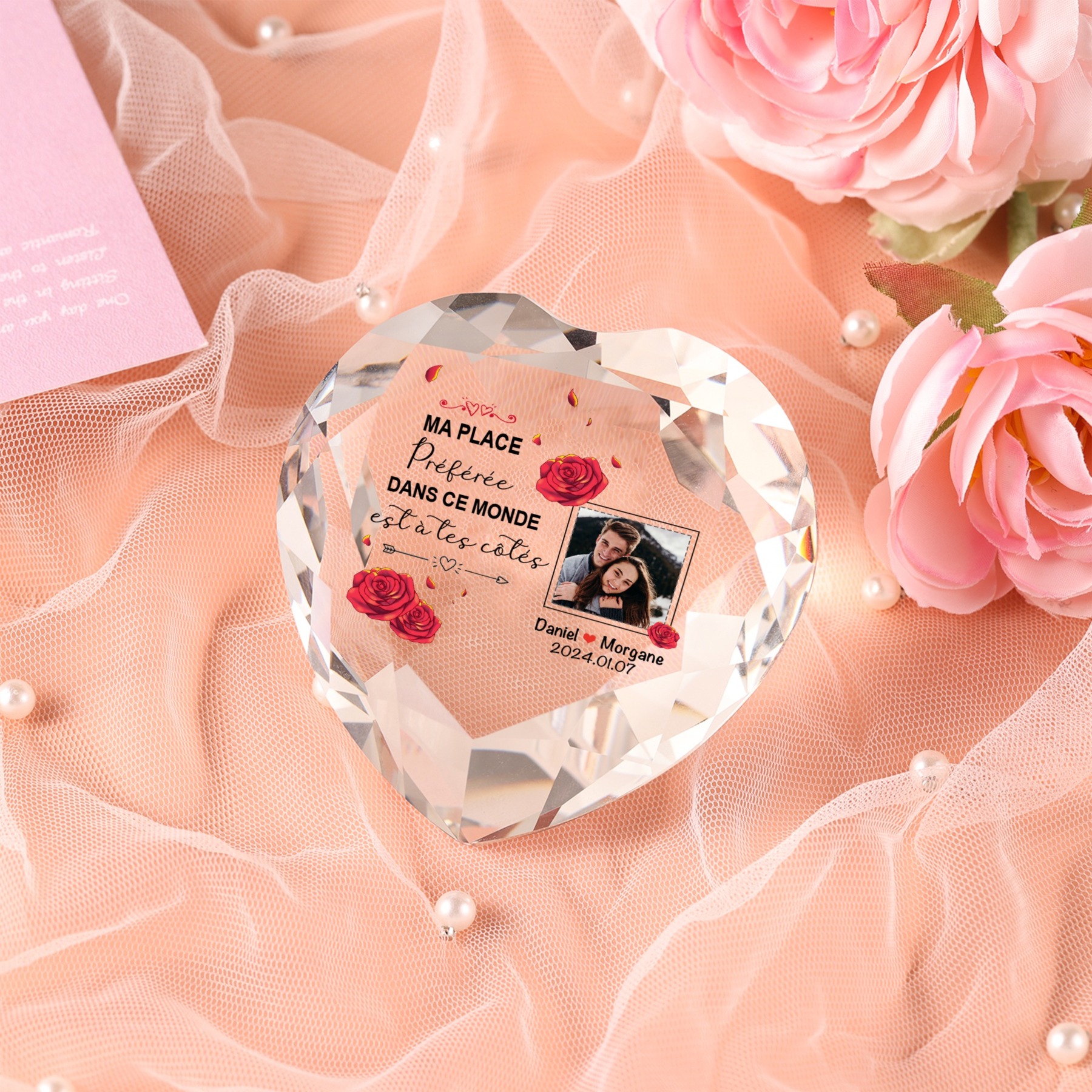 Décoration Cristal Cœur 2 Prénoms et 1 Photo Personnalisés avec Date pour Couple