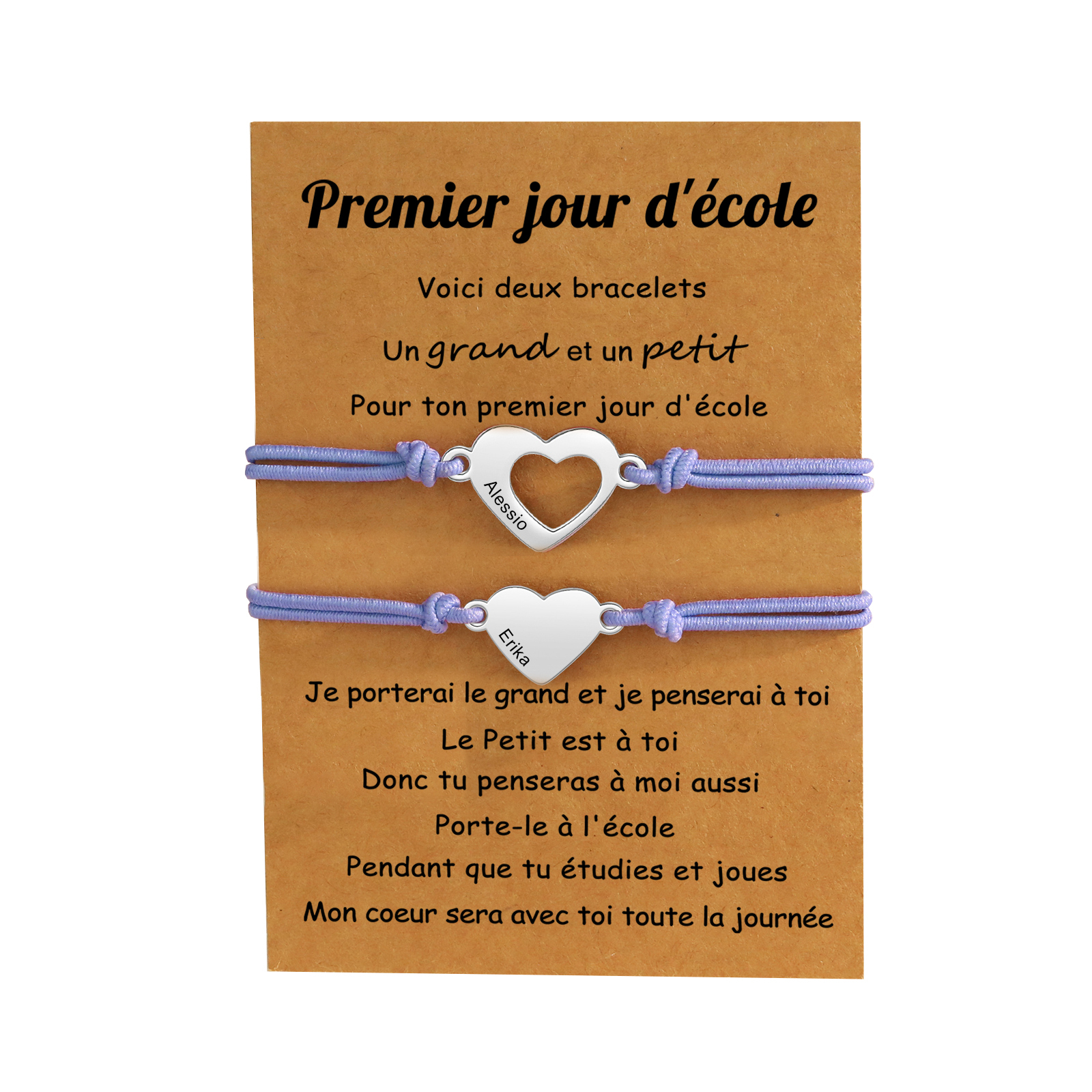 2PCS Bracelet en Commun Cœur 2 Prénoms Personnalisés Corde élastiques - Cadeau Rentrée Scolaire Premier jour d’école｜Jessemade