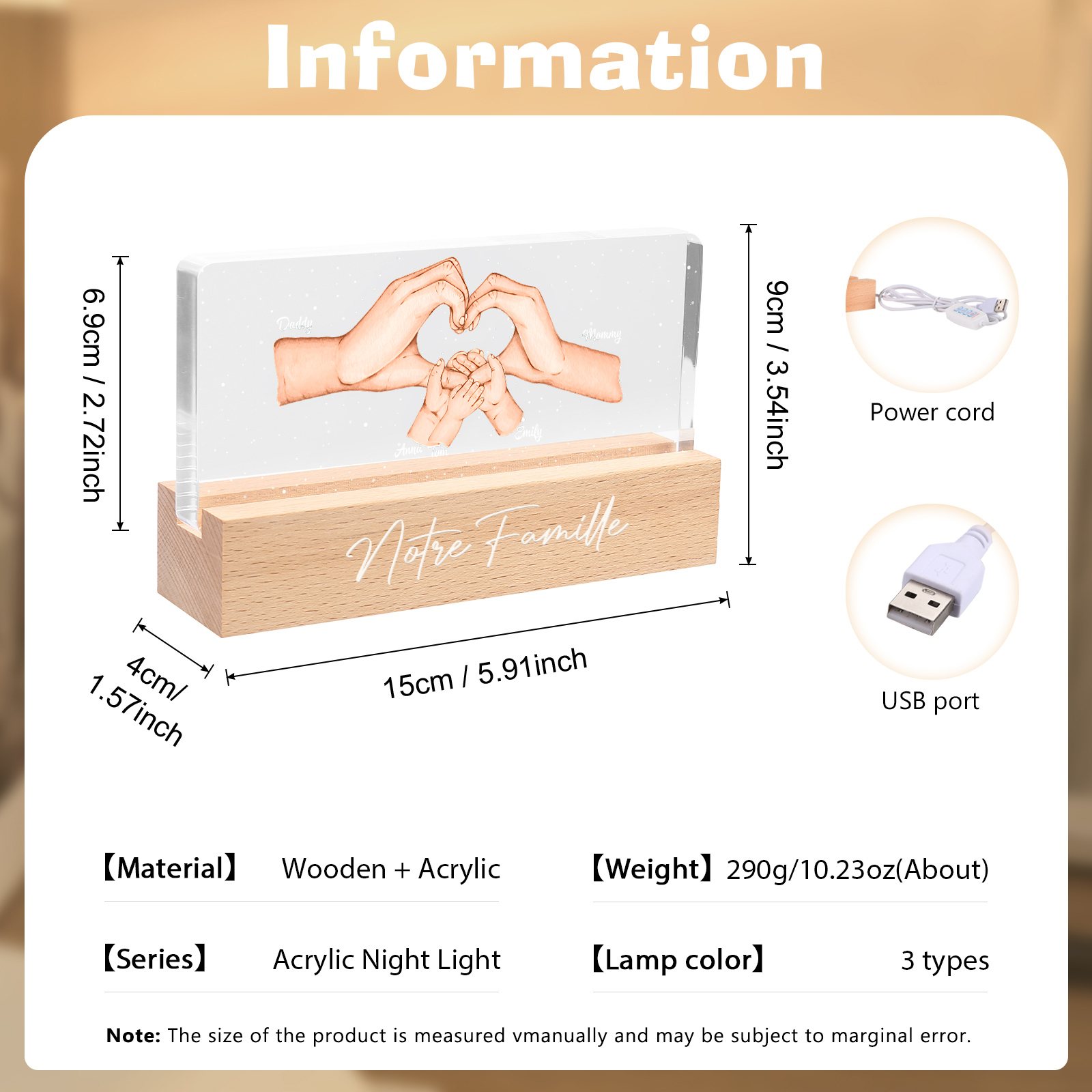 À ma Famille- Lampe de chevet LED la Main dans la Main 5 Prénoms Personnalisés avec Texte