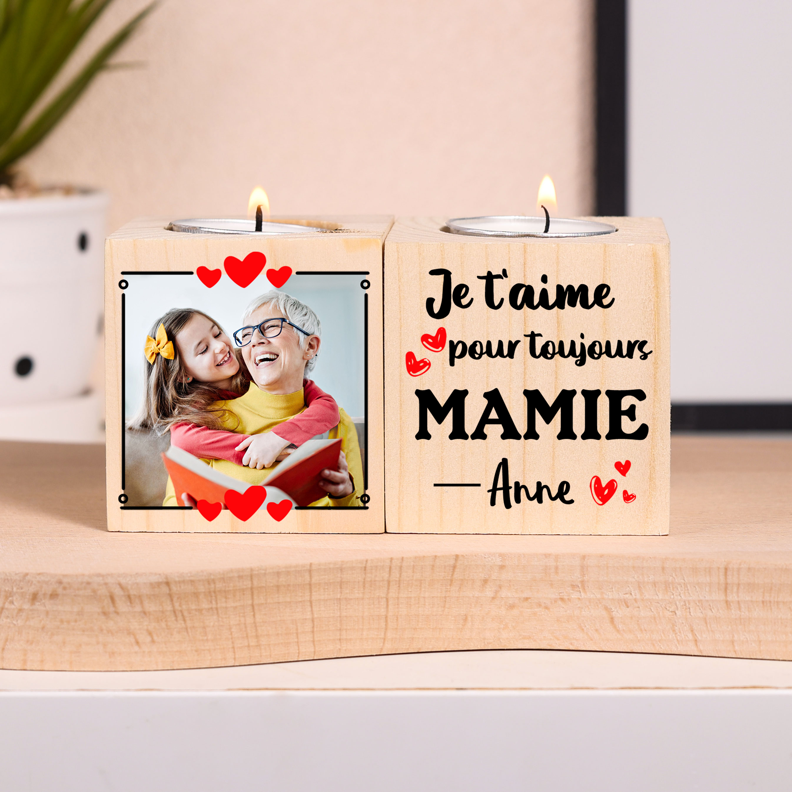 À Ma Mamie - Bougeoir en Bois 1 Prénom et Photo Personnalisés sans bougie