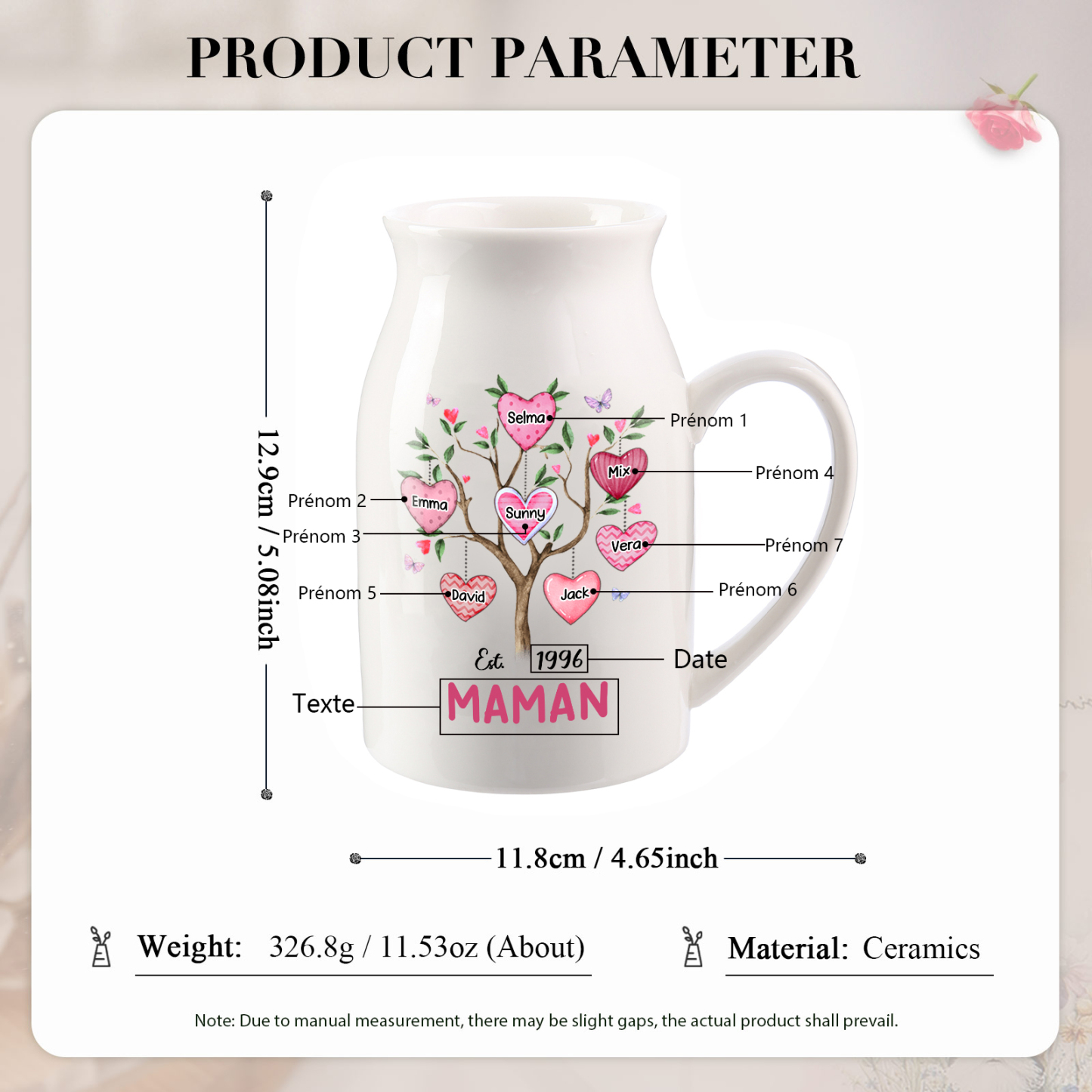 Vase à Fleurs Arbre 7 Prénoms Personnalisés avec Texte et Année Décoration de la Maison