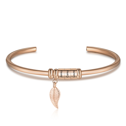 Bracelet jonc breloque feuille Bracelet Personnalisé Femme 3 prénom personnalisé｜Jessemade