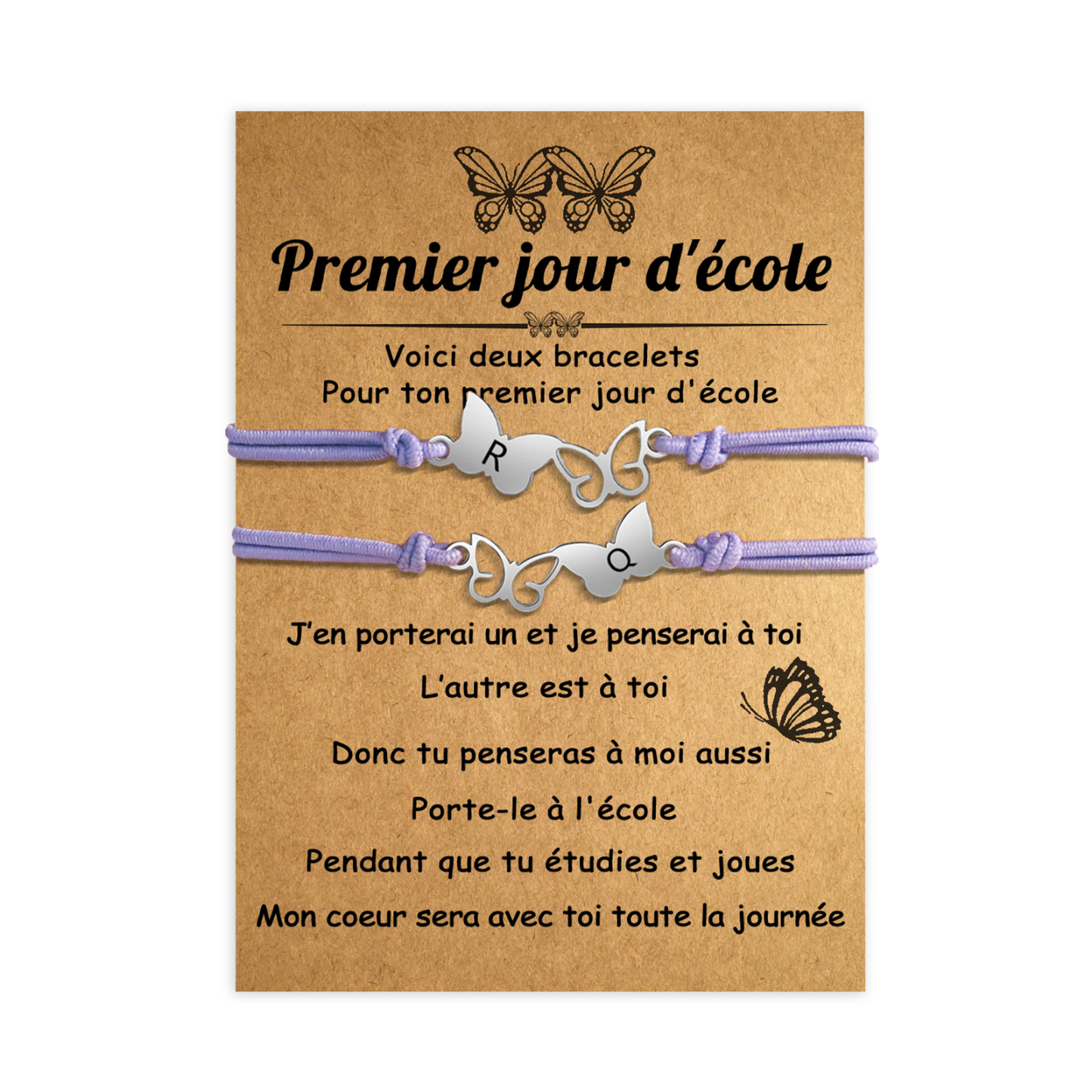 2PCS Bracelet Initiale Papillons 2 Lettres Personnalisées Corde élastiques Cadeau Rentrée Scolaire Premier jour d’école｜Jessemade